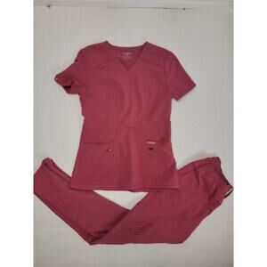 Jaanuu Scrub Set Womens Size XXS Slim Fit Moto Pants &4 Pocket D-Ring Top Mauve
